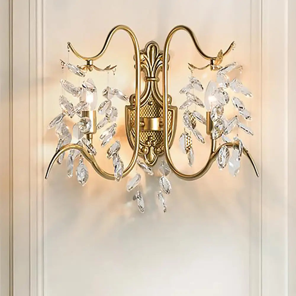 Contemporary Brass Sconce Light With Clear Crystal Strand - Curve Arm Wall (2-Light)