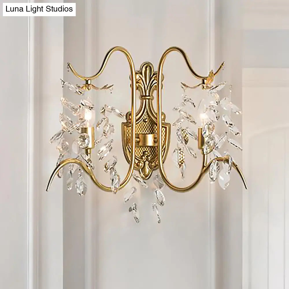 Contemporary Brass Sconce Light With Clear Crystal Strand - Curve Arm Wall (2-Light)
