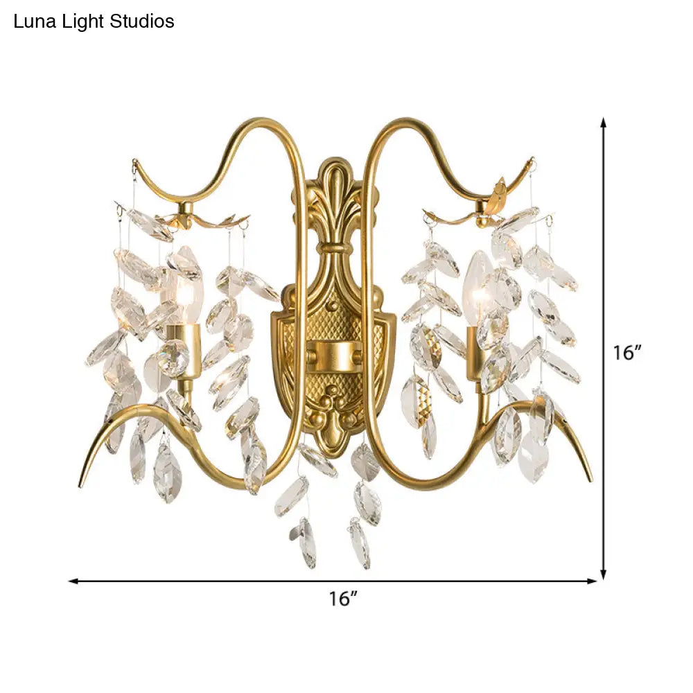 Contemporary Brass Sconce Light With Clear Crystal Strand - Curve Arm Wall (2-Light)
