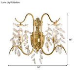 Contemporary Brass Sconce Light With Clear Crystal Strand - Curve Arm Wall (2-Light)