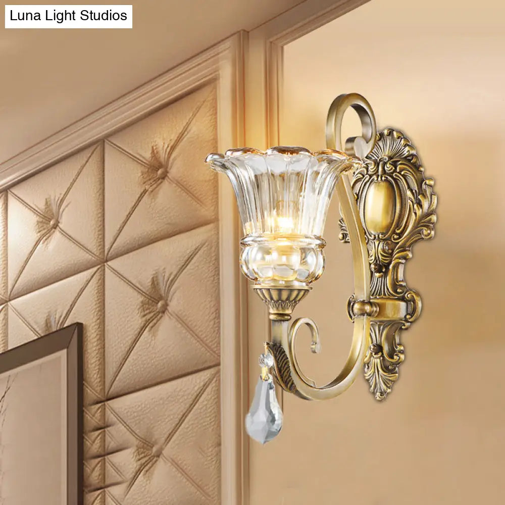Contemporary Brass Wall Mount Light With Crystal Drop - Flower Bedroom Sconce