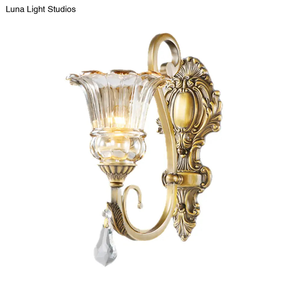 Contemporary Brass Wall Mount Light With Crystal Drop - Flower Bedroom Sconce
