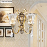 Contemporary Brass Wall Mount Light With Crystal Drop - Flower Bedroom Sconce
