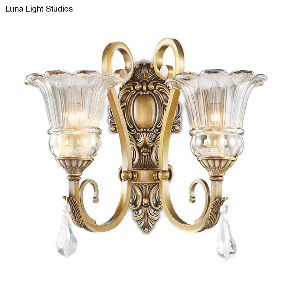 Contemporary Brass Wall Mount Light With Crystal Drop - Flower Bedroom Sconce