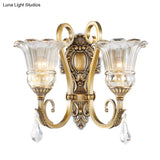 Contemporary Brass Wall Mount Light With Crystal Drop - Flower Bedroom Sconce
