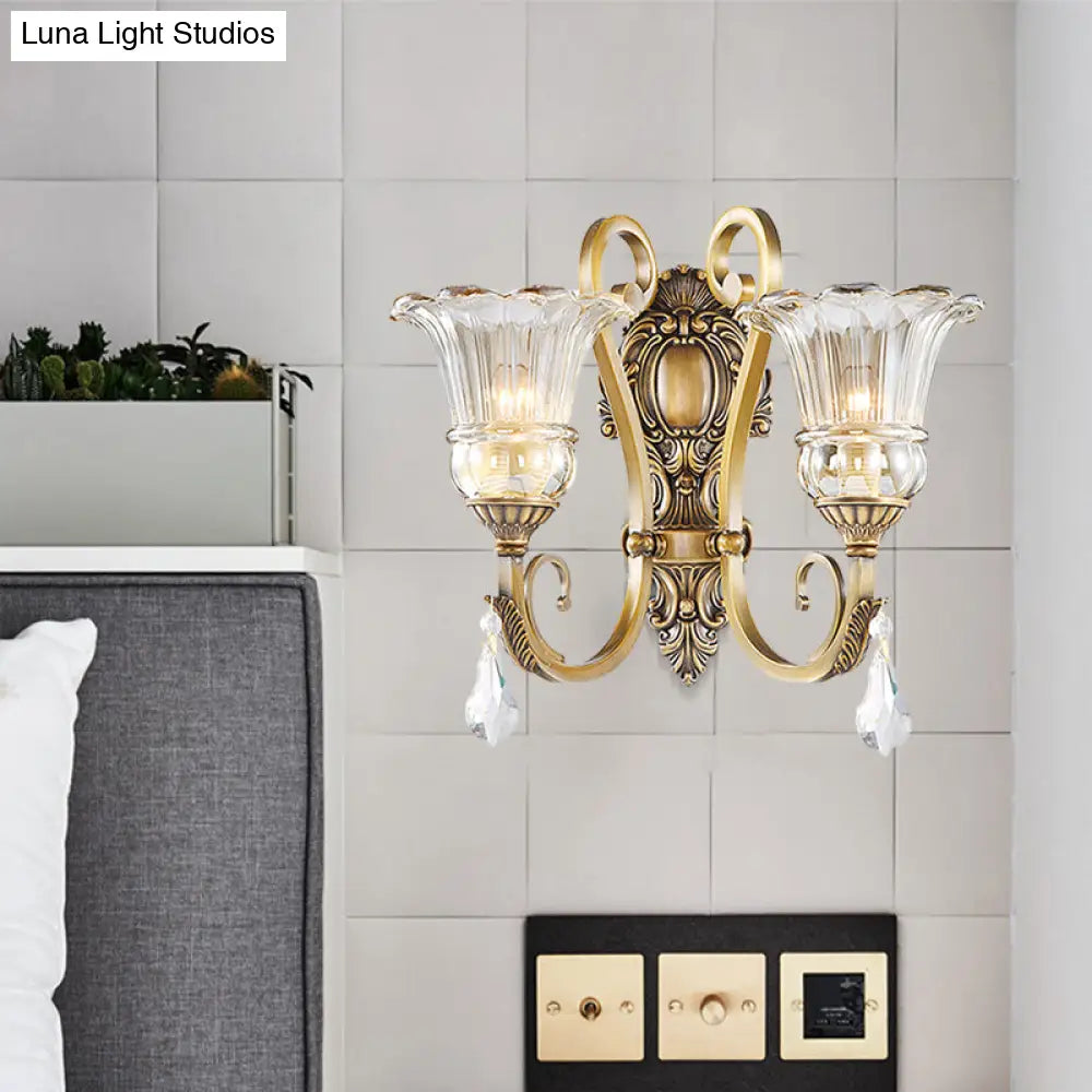 Contemporary Brass Wall Mount Light With Crystal Drop - Flower Bedroom Sconce