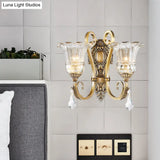 Contemporary Brass Wall Mount Light With Crystal Drop - Flower Bedroom Sconce