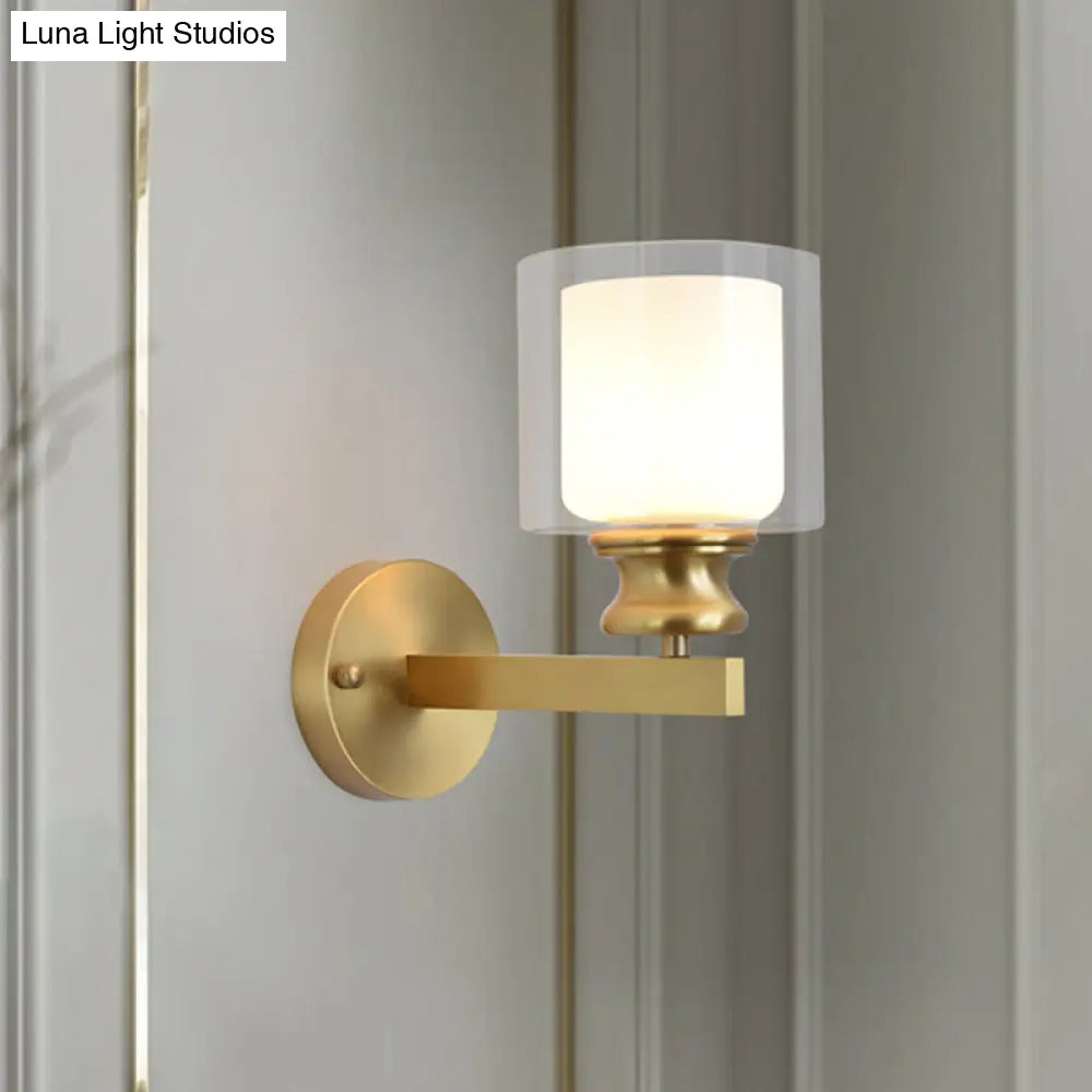 Contemporary Brass Wall Mounted Light Fixture For Living Room - Armed Sconce With Metal Frame & 1