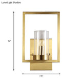 Contemporary Brass Wall Sconce With Clear Glass Shade - Cylindrical Bedroom Light Fixture