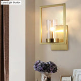 Contemporary Brass Wall Sconce With Clear Glass Shade - Cylindrical Bedroom Light Fixture