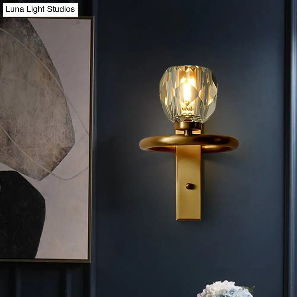 Contemporary Brass Wall Sconce With Global Crystal Shade - Elegant Dining Room Lighting