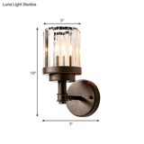 Contemporary Bronze Wall Sconce With Ribbed Crystal Shade - 1 Light Fixture For Hallway