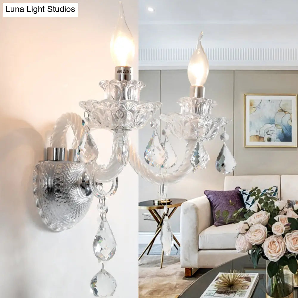 Contemporary Candelabra Wall Sconce With Clear Faceted Crystals And Droplets - 2 Bulbs