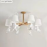 Contemporary Chandelier Light With Tapered Shade - Fabric & Wood Ideal For Child Bedroom