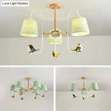 Contemporary Chandelier Light With Tapered Shade - Fabric & Wood Ideal For Child Bedroom