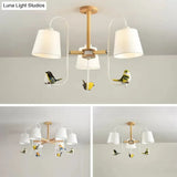 Contemporary Chandelier Light With Tapered Shade - Fabric & Wood Ideal For Child Bedroom
