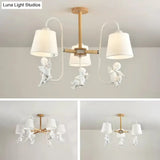 Contemporary Chandelier Light With Tapered Shade - Fabric & Wood Ideal For Child Bedroom