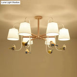Contemporary Chandelier Light With Tapered Shade - Fabric & Wood Ideal For Child Bedroom