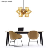 Contemporary Chrome Diamond Chandelier Lamp - 9/12 Bulb Amber Glass Ceiling Fixture