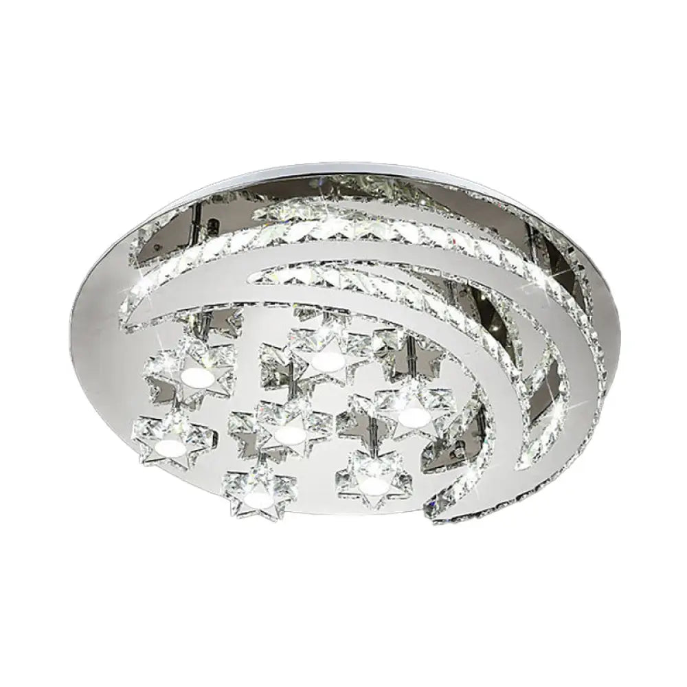 Contemporary Chrome Flush Light With Clear Crystal Moon And Star Design - Led Close To Ceiling Lamp