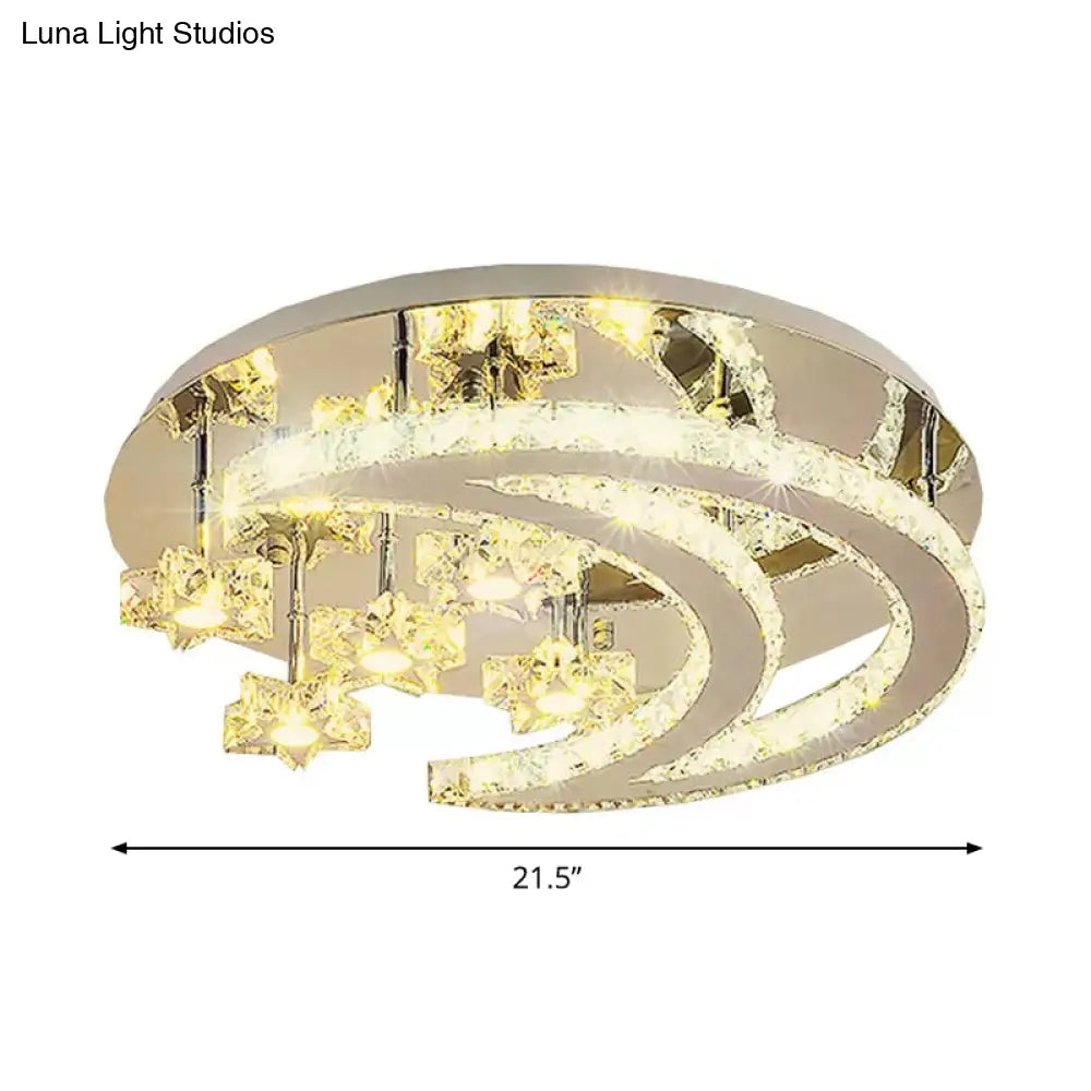 Contemporary Chrome Flush Light With Clear Crystal Moon And Star Design - Led Close To Ceiling Lamp