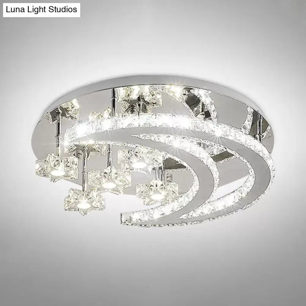 Contemporary Chrome Flush Light With Clear Crystal Moon And Star Design - Led Close To Ceiling Lamp