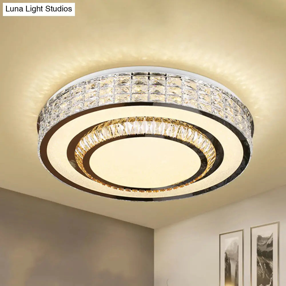 Contemporary Chrome Flush Mount Led Ceiling Fixture With Faceted Crystals