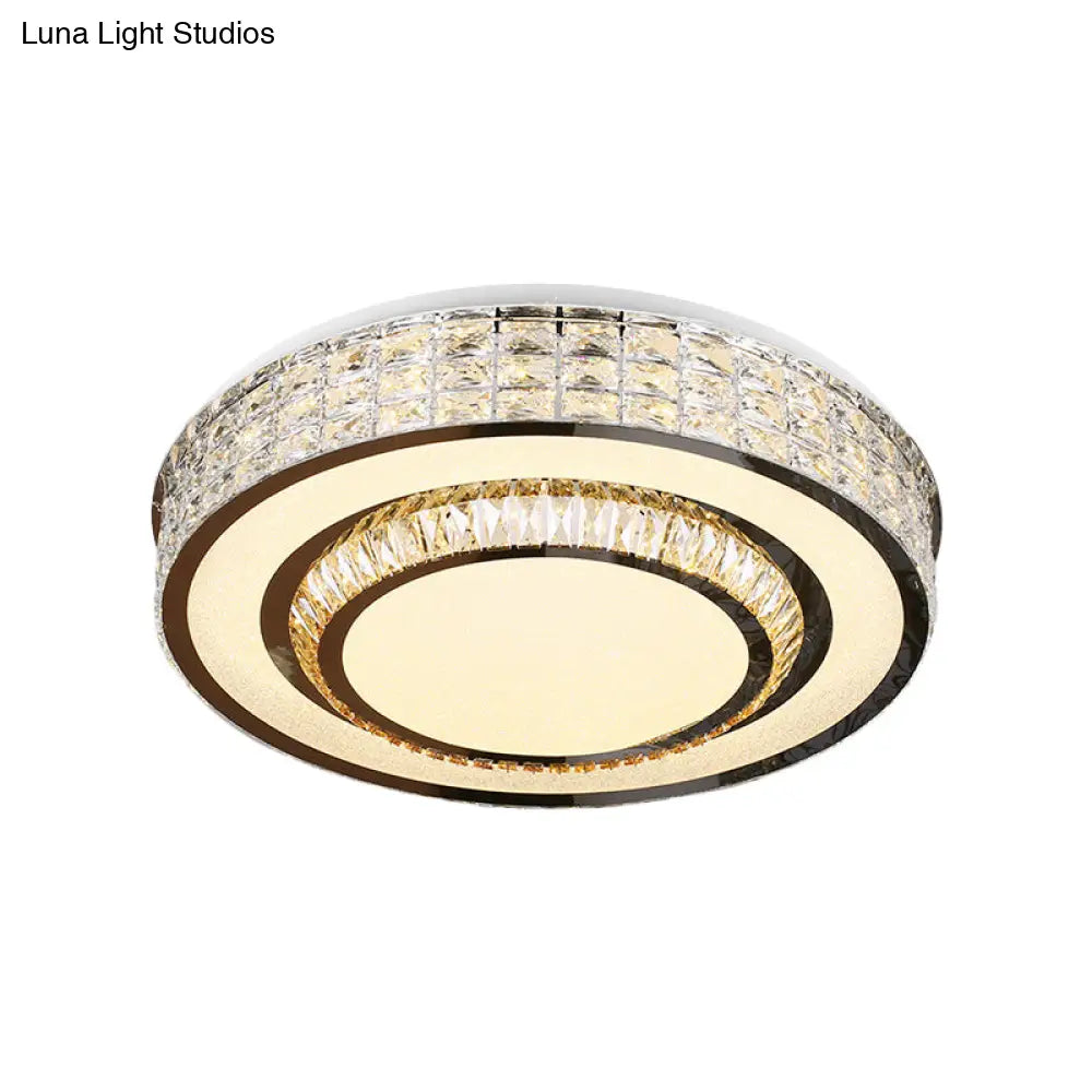 Contemporary Chrome Flush Mount Led Ceiling Fixture With Faceted Crystals