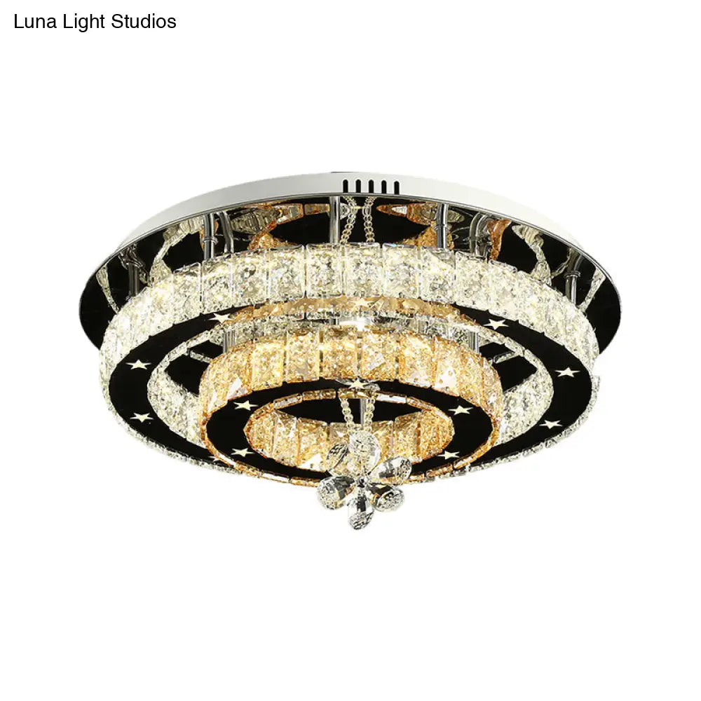 Contemporary Chrome Led Flush Mount Ceiling Light With Cut Crystal Ring And Star Design -