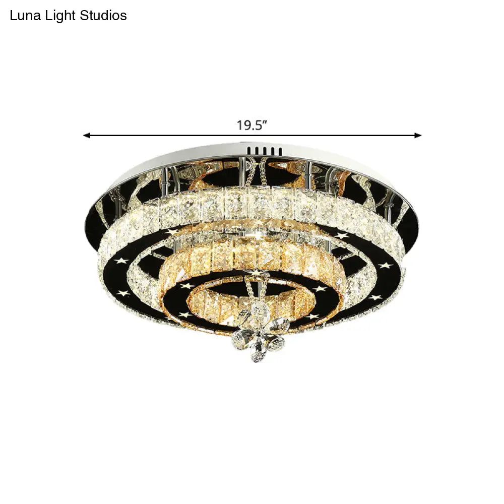 Contemporary Chrome Led Flush Mount Ceiling Light With Cut Crystal Ring And Star Design -