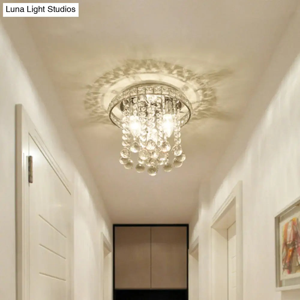 Contemporary Chrome Round Ceiling Light With Crystal Accents - 3 Bulb Living Room Mount