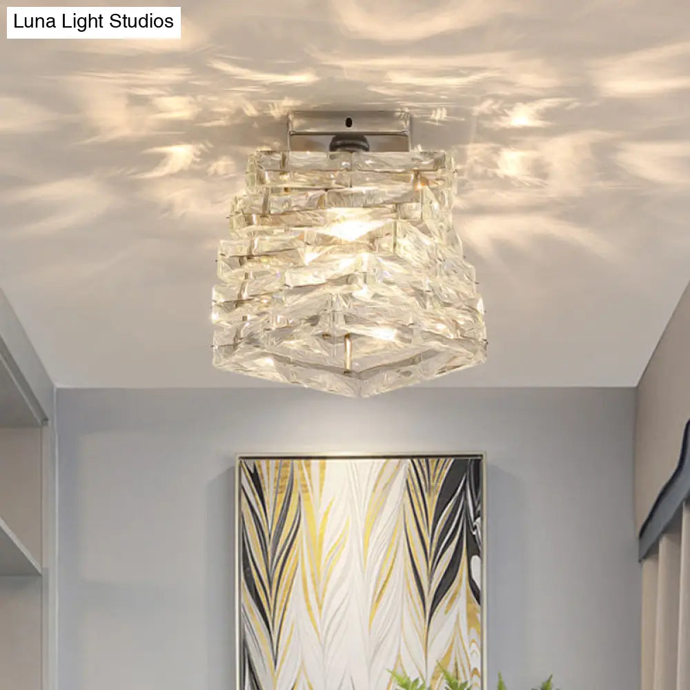 Contemporary Chrome Step Shape Semi Flush Crystal Ceiling Light - 1 Fixture