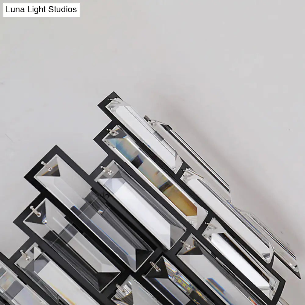 Contemporary Clear Crystal Block Led Wall Lamp In Sleek Black Finish - Ideal For Corridor Lighting