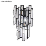 Contemporary Clear Crystal Block Led Wall Lamp In Sleek Black Finish - Ideal For Corridor Lighting