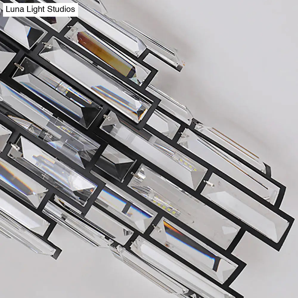 Contemporary Clear Crystal Block Led Wall Lamp In Sleek Black Finish - Ideal For Corridor Lighting