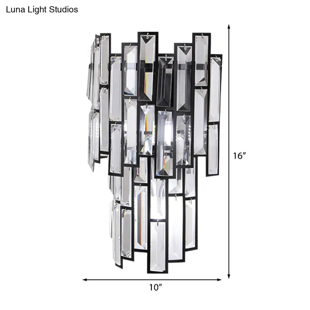 Contemporary Clear Crystal Block Led Wall Lamp In Sleek Black Finish - Ideal For Corridor Lighting