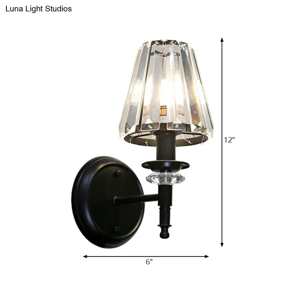 Contemporary Clear Crystal Cone Wall Mount Light - 1-Bulb Black Finish Lamp For Bedroom