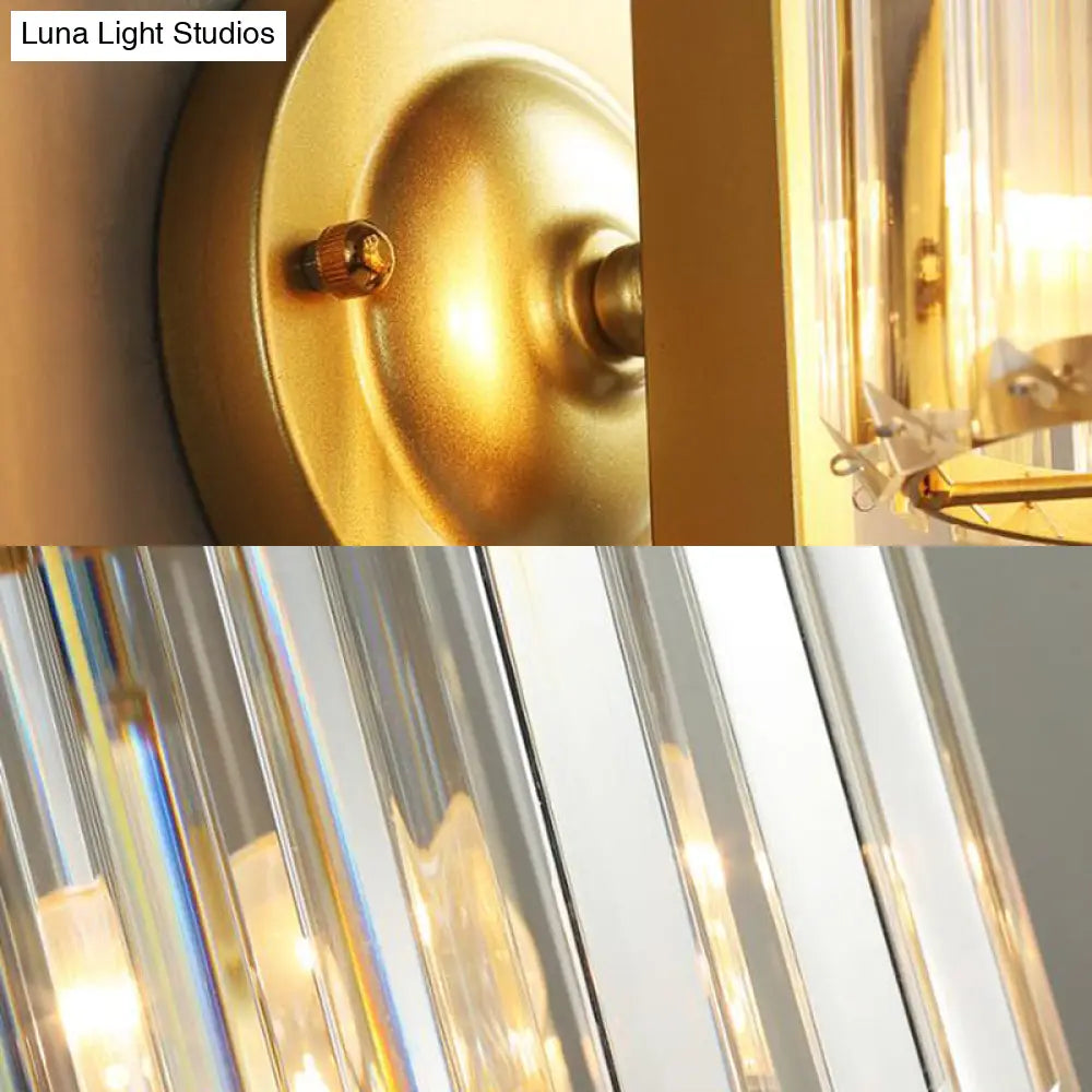 Contemporary Clear Crystal Drum Wall Sconce Lighting - Black/Gold 1 Light Lamp For Bedroom