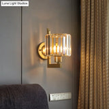 Contemporary Clear Crystal Drum Wall Sconce Lighting - Black/Gold 1 Light Lamp For Bedroom