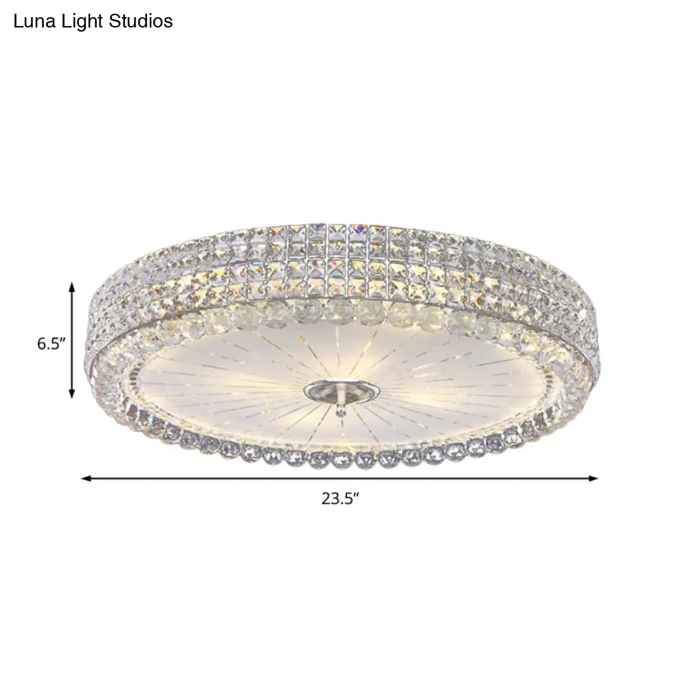 Contemporary Clear Crystal Multi-Head Flush Mount Ceiling Light In Chrome - 16’/19.5’ W Drum Lamp
