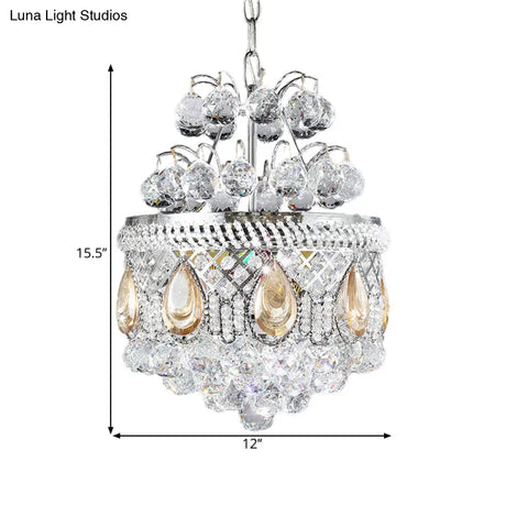 Contemporary Clear Crystal Orbs Chandelier With Silver Drop/Leaf Design - 3 Bulb Suspension Pendant