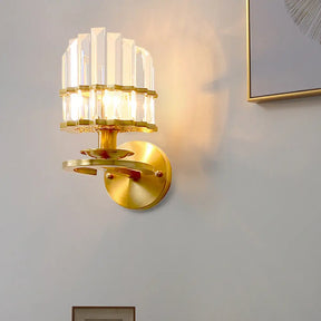 Contemporary Clear Crystal Prism Wall Lamp With Brass Backplate - 1 Light Fixture
