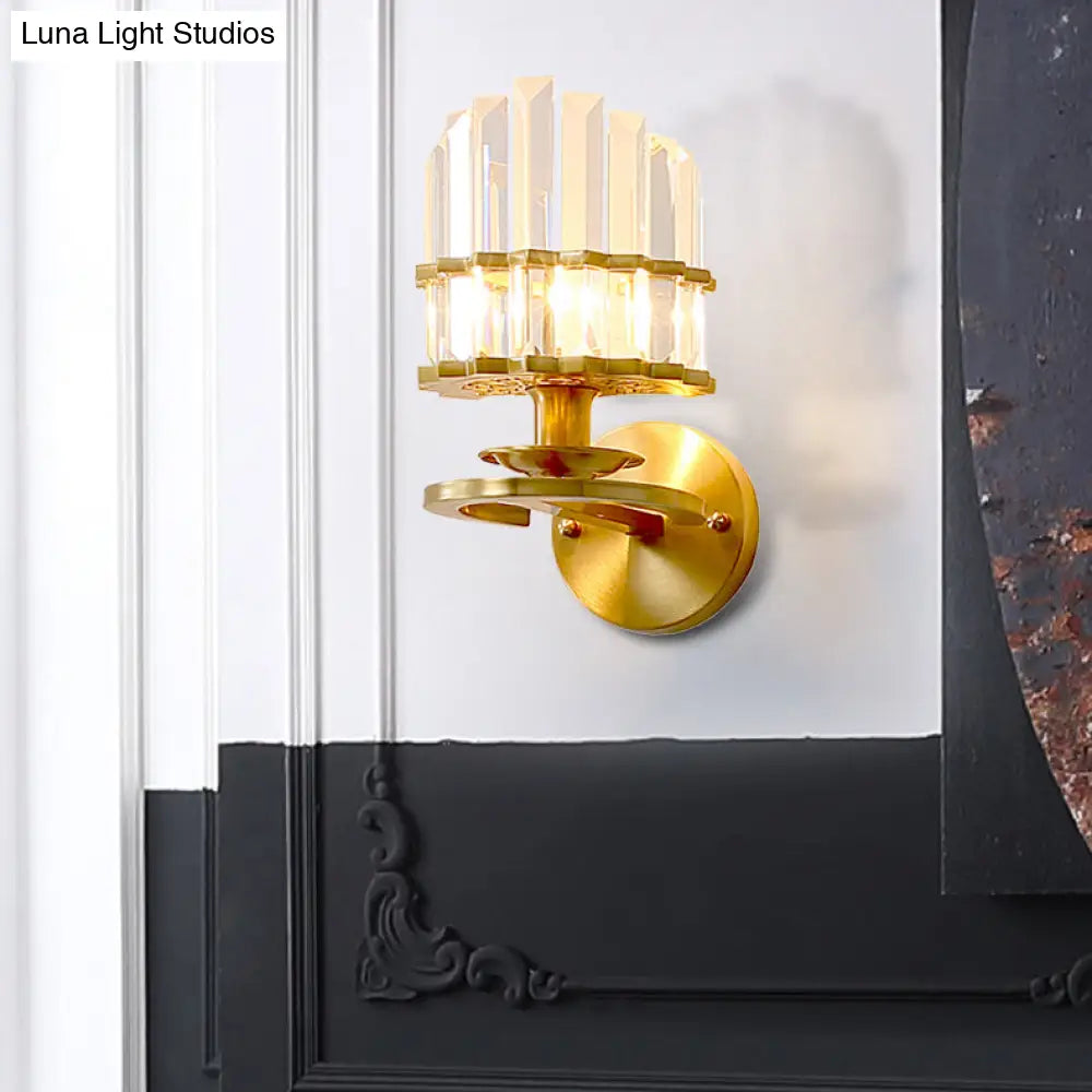 Contemporary Clear Crystal Prism Wall Lamp With Brass Backplate - 1 Light Fixture