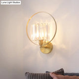 Contemporary Clear Crystal Wall Mount Sconce With Gold Accents And Ring Frame - 1 Bulb Light