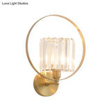 Contemporary Clear Crystal Wall Mount Sconce With Gold Accents And Ring Frame - 1 Bulb Light