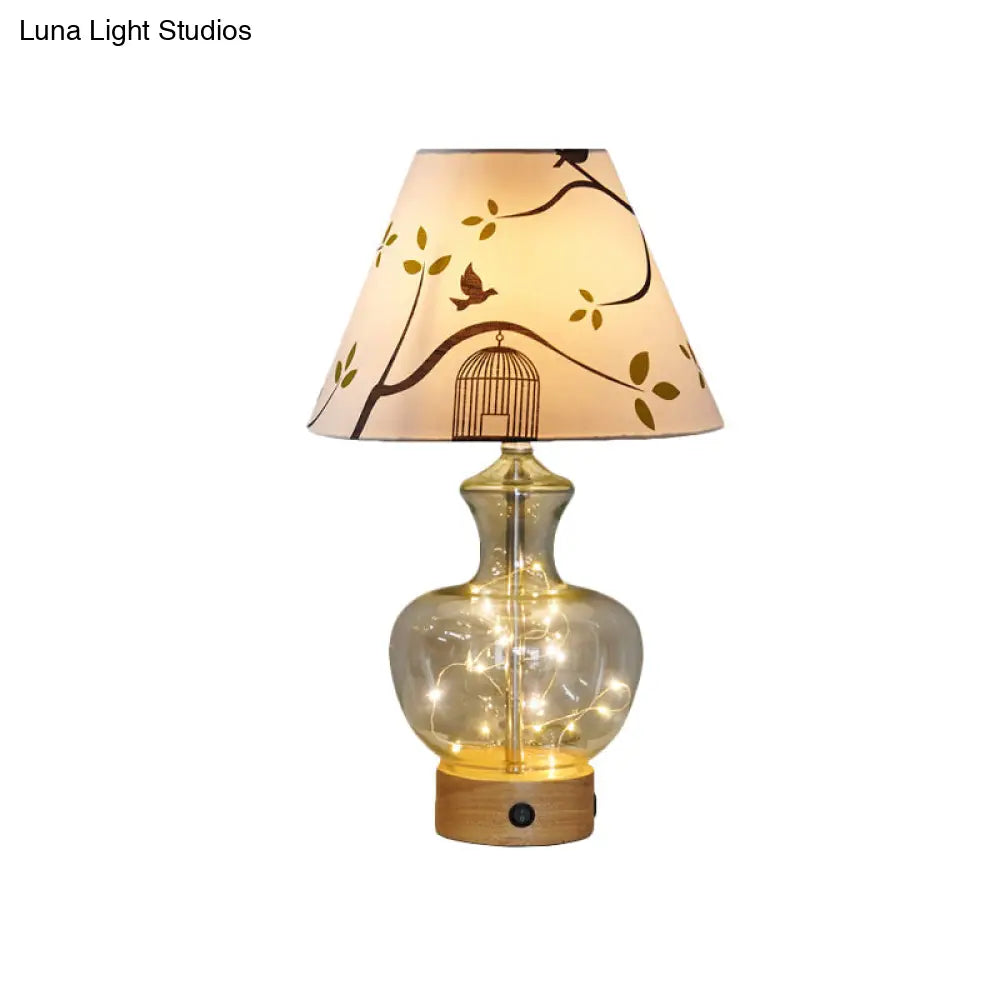 Contemporary Clear Glass Urn Night Lamp With Cone Fabric Shade - Ideal 1-Bulb Table Light For