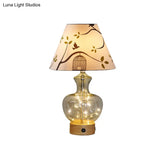 Contemporary Clear Glass Urn Night Lamp With Cone Fabric Shade - Ideal 1-Bulb Table Light For