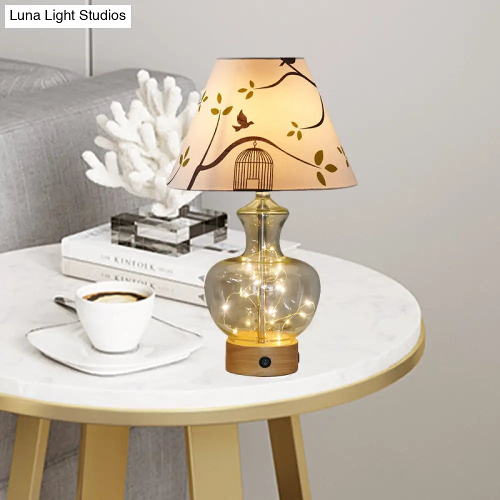 Contemporary Clear Glass Urn Night Lamp With Cone Fabric Shade - Ideal 1-Bulb Table Light For