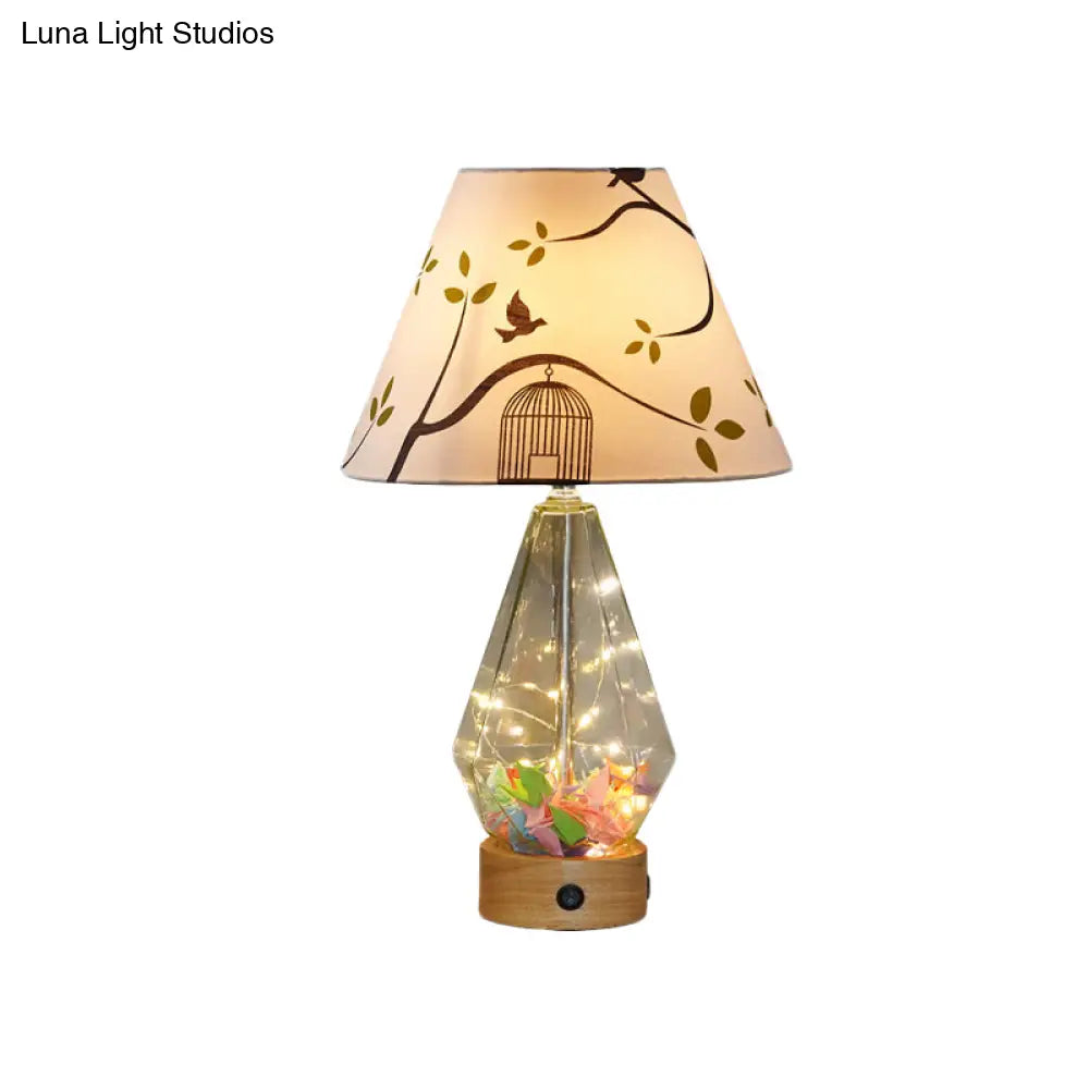 Contemporary Clear Glass Urn Night Lamp With Cone Fabric Shade - Ideal 1-Bulb Table Light For