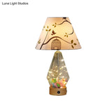 Contemporary Clear Glass Urn Night Lamp With Cone Fabric Shade - Ideal 1-Bulb Table Light For
